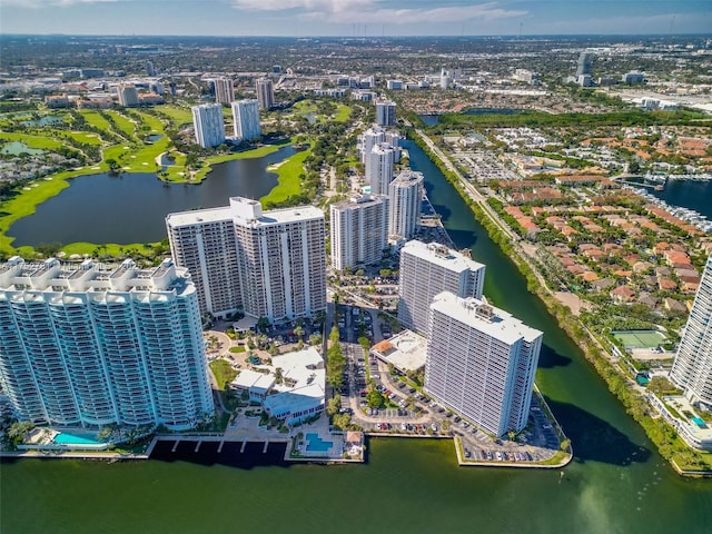 aerial view featuring a water view and a city view