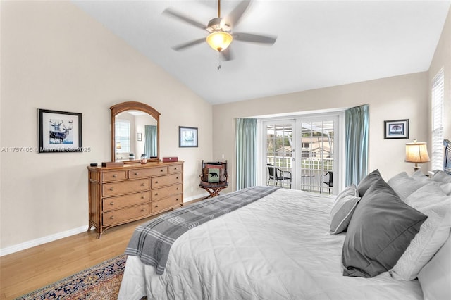 bedroom with a ceiling fan, baseboards, vaulted ceiling, access to outside, and light wood finished floors