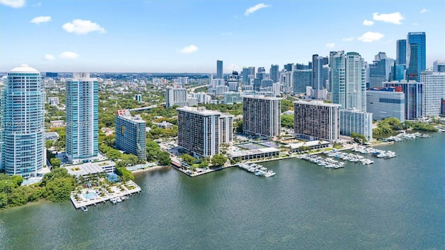 aerial view featuring a water view and a city view