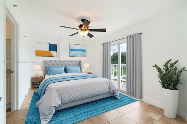 bedroom with baseboards, a ceiling fan, light tile patterned flooring, and access to exterior