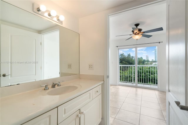 bathroom featuring vanity, a ceiling fan, and tile patterned floors