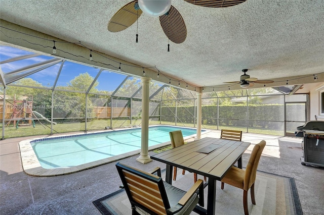 view of swimming pool featuring a fenced in pool, a playground, a patio area, fence, and a lanai