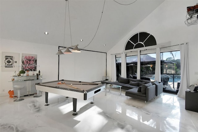 game room with high vaulted ceiling, recessed lighting, marble finish floor, and billiards