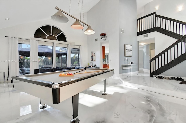 recreation room with a healthy amount of sunlight, marble finish floor, visible vents, and pool table