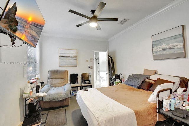 bedroom with ceiling fan, visible vents, and crown molding