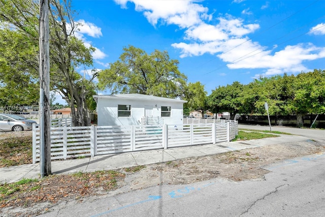 view of front of home with a fenced front yard, a gate, and stucco siding