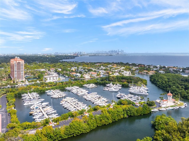 drone / aerial view with a city view and a water view