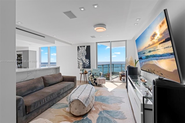 carpeted living room featuring a wall of windows