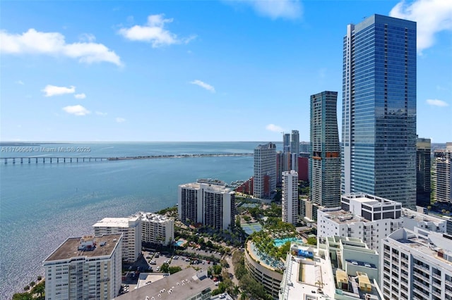 birds eye view of property with a view of city and a water view