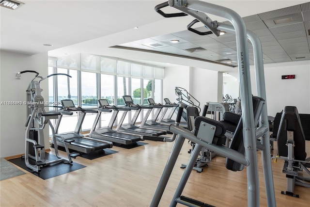 workout area featuring a wall of windows, visible vents, and wood finished floors