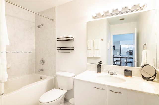 full bath featuring shower / tub combo, visible vents, vanity, and toilet