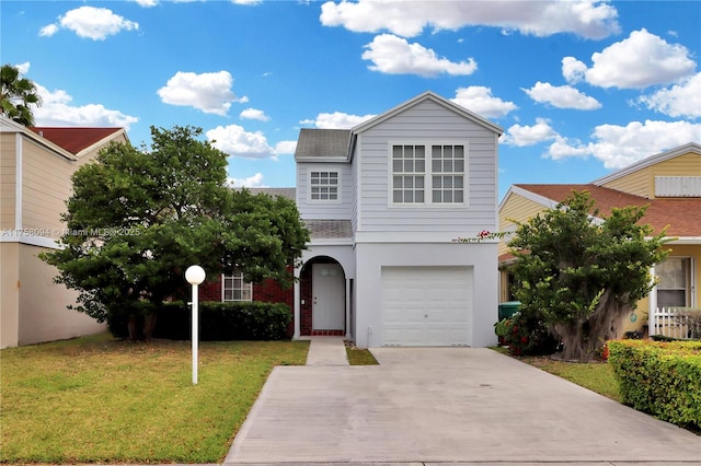 traditional-style house with an attached garage, concrete driveway, a front lawn, and a shingled roof