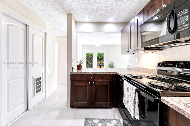 kitchen with french doors, a textured ceiling, dark brown cabinets, a peninsula, and black appliances