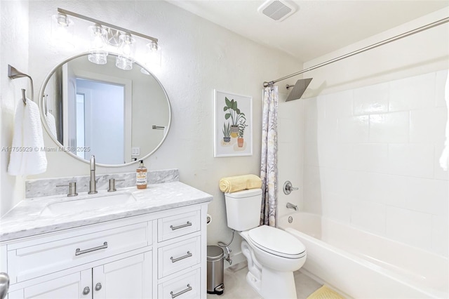 full bathroom featuring toilet, shower / tub combo, vanity, and visible vents