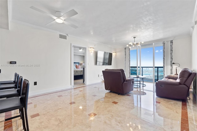 living area with marble finish floor, floor to ceiling windows, crown molding, visible vents, and baseboards