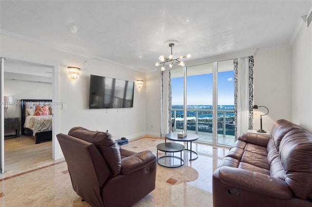 living room with a wall of windows, a chandelier, crown molding, and baseboards