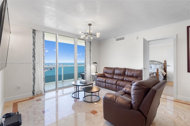 living area featuring visible vents, a chandelier, ornamental molding, a water view, and floor to ceiling windows