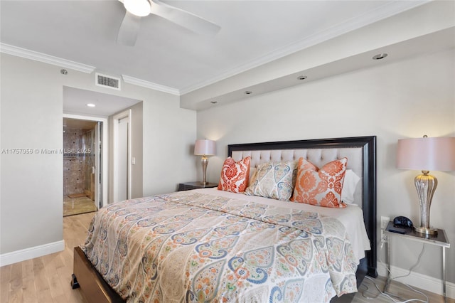 bedroom featuring ceiling fan, wood finished floors, visible vents, baseboards, and ornamental molding