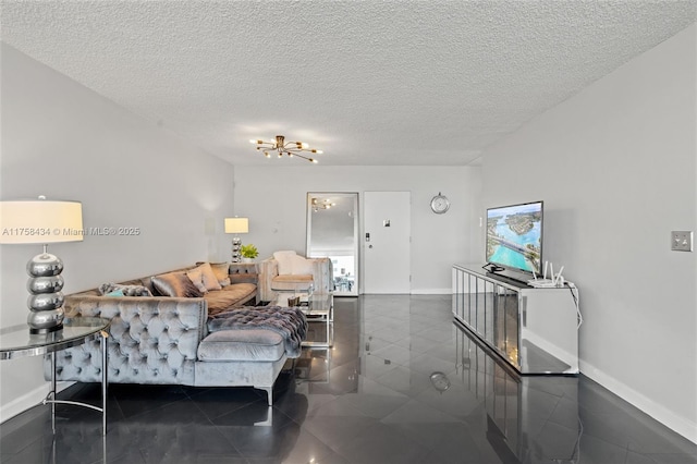 tiled living room with baseboards and a textured ceiling