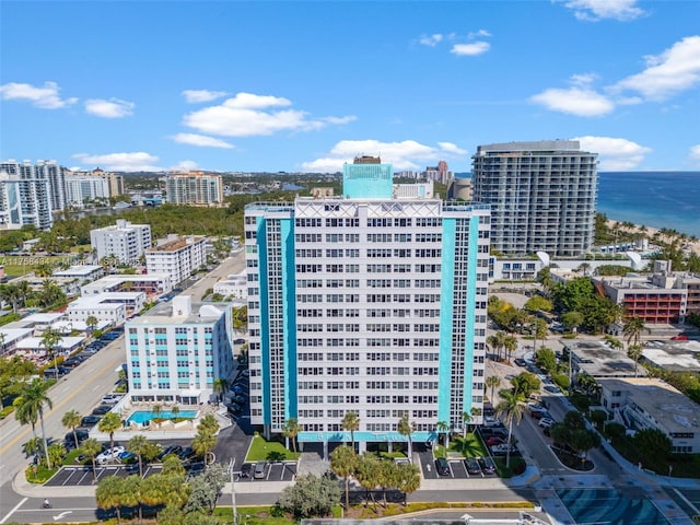 aerial view with a water view and a view of city