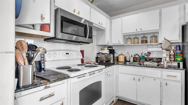 kitchen featuring white cabinets, white appliances, open shelves, and a sink