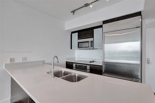 kitchen featuring appliances with stainless steel finishes, dark cabinets, a peninsula, light countertops, and a sink