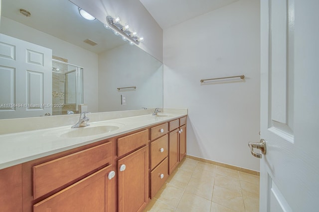 full bathroom with double vanity, a stall shower, visible vents, and a sink