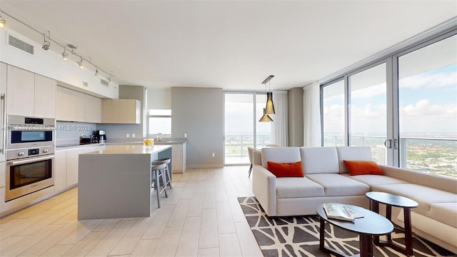 kitchen with double oven, light countertops, visible vents, and plenty of natural light