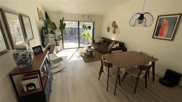 dining space featuring a textured ceiling and wood finished floors