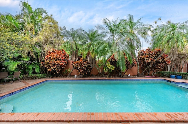 view of swimming pool featuring a patio, a fenced backyard, and a fenced in pool