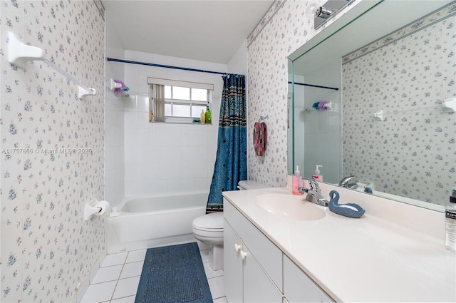 full bath with shower / bathtub combination with curtain, toilet, vanity, tile patterned floors, and wallpapered walls