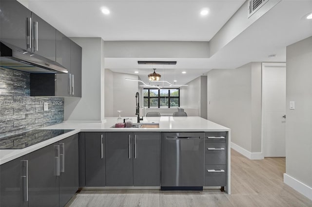 kitchen with visible vents, stainless steel dishwasher, a sink, a peninsula, and black electric cooktop