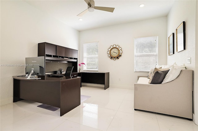 office featuring light tile patterned floors, baseboards, a ceiling fan, and recessed lighting