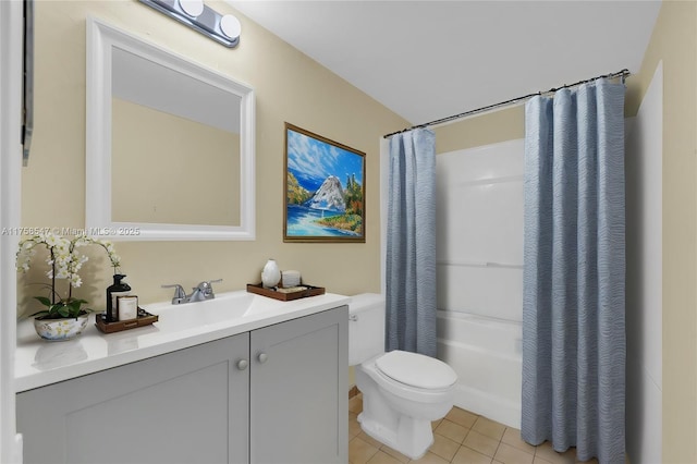 full bathroom with toilet, vanity, shower / tub combo with curtain, and tile patterned floors