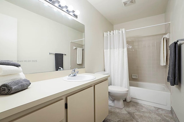 bathroom featuring shower / tub combo, visible vents, toilet, tile patterned flooring, and vanity