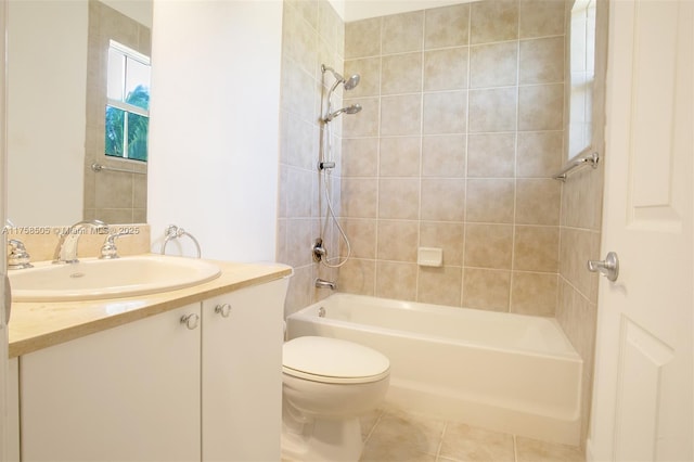 bathroom featuring shower / tub combination, vanity, toilet, and tile patterned floors