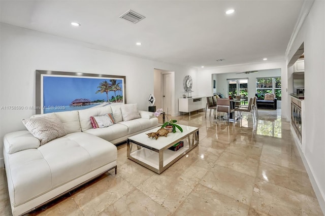814 NE 4th St, Hallandale Beach, FL 33009 - living room with visible vents, baseboards, a ceiling fan, crown molding, and recessed lighting