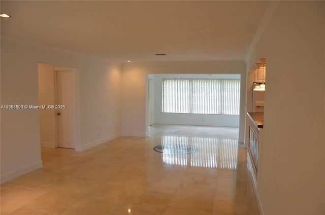 corridor featuring recessed lighting, visible vents, crown molding, and baseboards