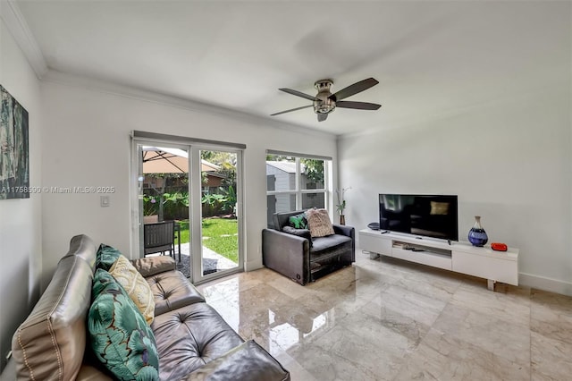 814 NE 4th St, Hallandale Beach, FL 33009 - living room featuring marble finish floor, ceiling fan, and ornamental molding