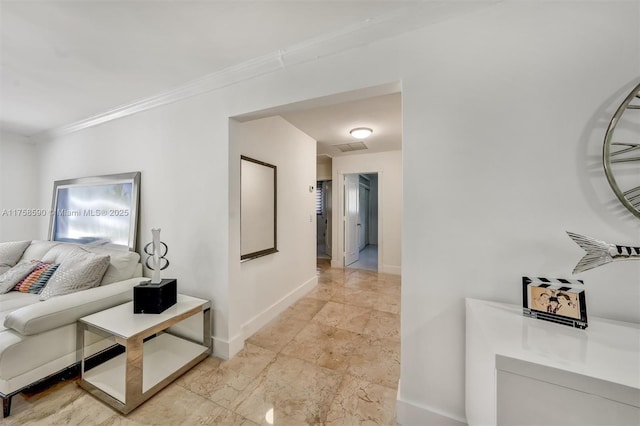 814 NE 4th St, Hallandale Beach, FL 33009 - corridor featuring crown molding, marble finish floor, baseboards, and visible vents