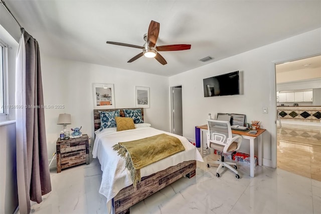 814 NE 4th St, Hallandale Beach, FL 33009 - bedroom featuring visible vents, marble finish floor, and a ceiling fan