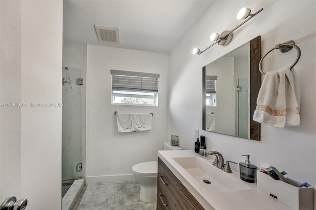 814 NE 4th St, Hallandale Beach, FL 33009 - bathroom featuring a shower stall, visible vents, toilet, marble finish floor, and baseboards