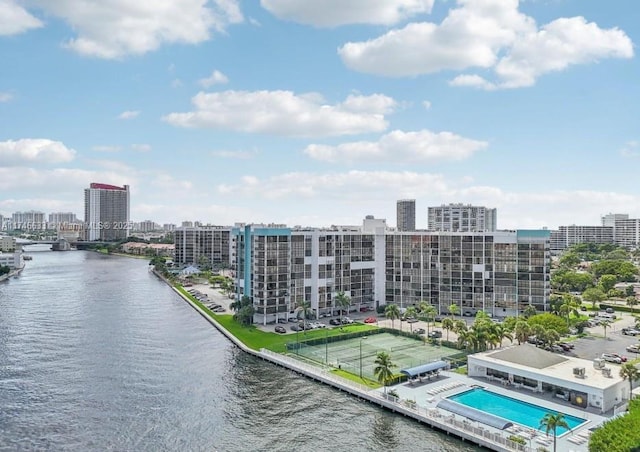 drone / aerial view with a water view and a city view