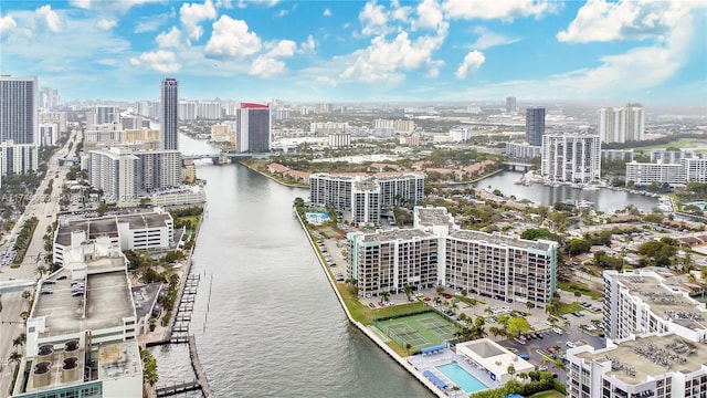 aerial view featuring a water view and a city view