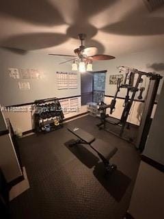 workout area with a ceiling fan and visible vents