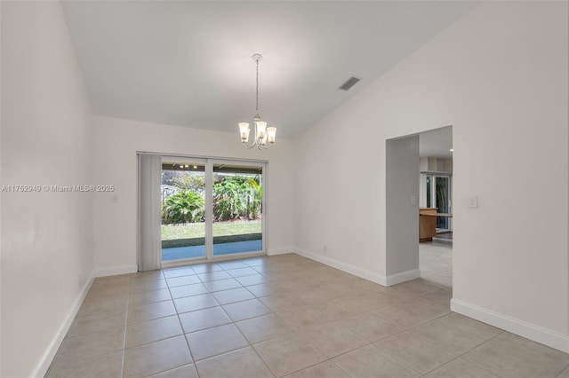 empty room with light tile patterned floors, baseboards, visible vents, and a chandelier