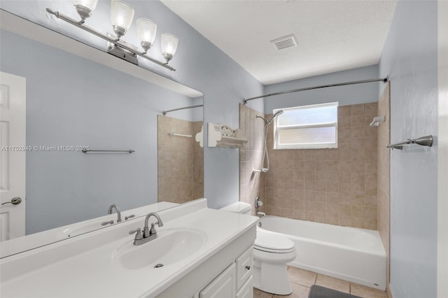 bathroom featuring visible vents, tile patterned flooring, bathtub / shower combination, a textured ceiling, and toilet