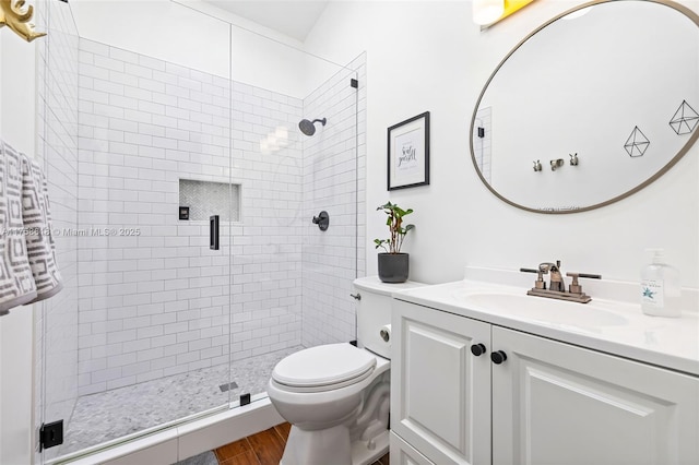 full bath featuring wood finished floors, vanity, toilet, and a shower stall