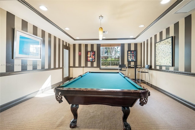 game room with wallpapered walls, baseboards, visible vents, carpet floors, and recessed lighting