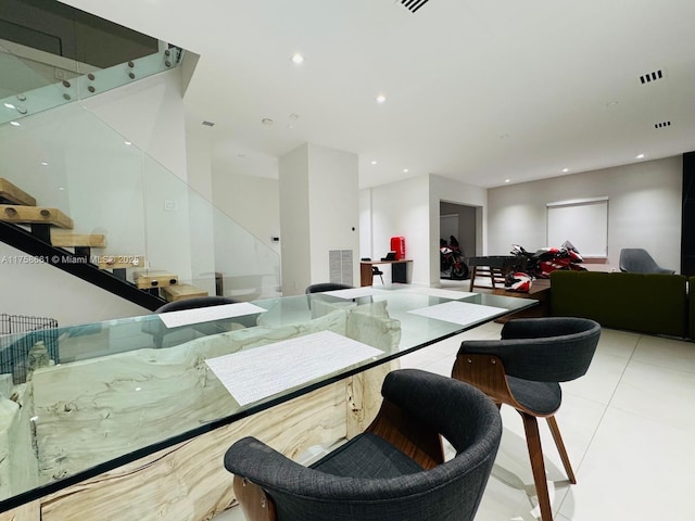 dining room featuring recessed lighting, visible vents, stairway, and tile patterned floors